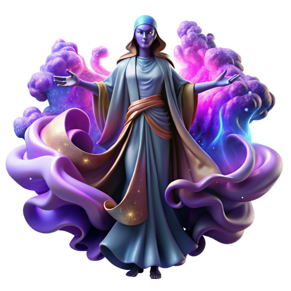 picturesque elegant A powerful, androgynous oracle draped in flowing robes, surrounded by swirling nebulae, cosmic horror style, vibrant colours original png