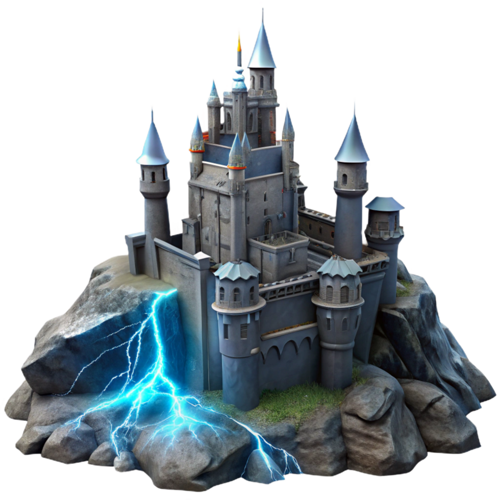 acclaimed rustic Medieval castle on a rocky cliff, stormy skies and lightning strikes, dramatic lighting, dark fantasy style handcrafted png