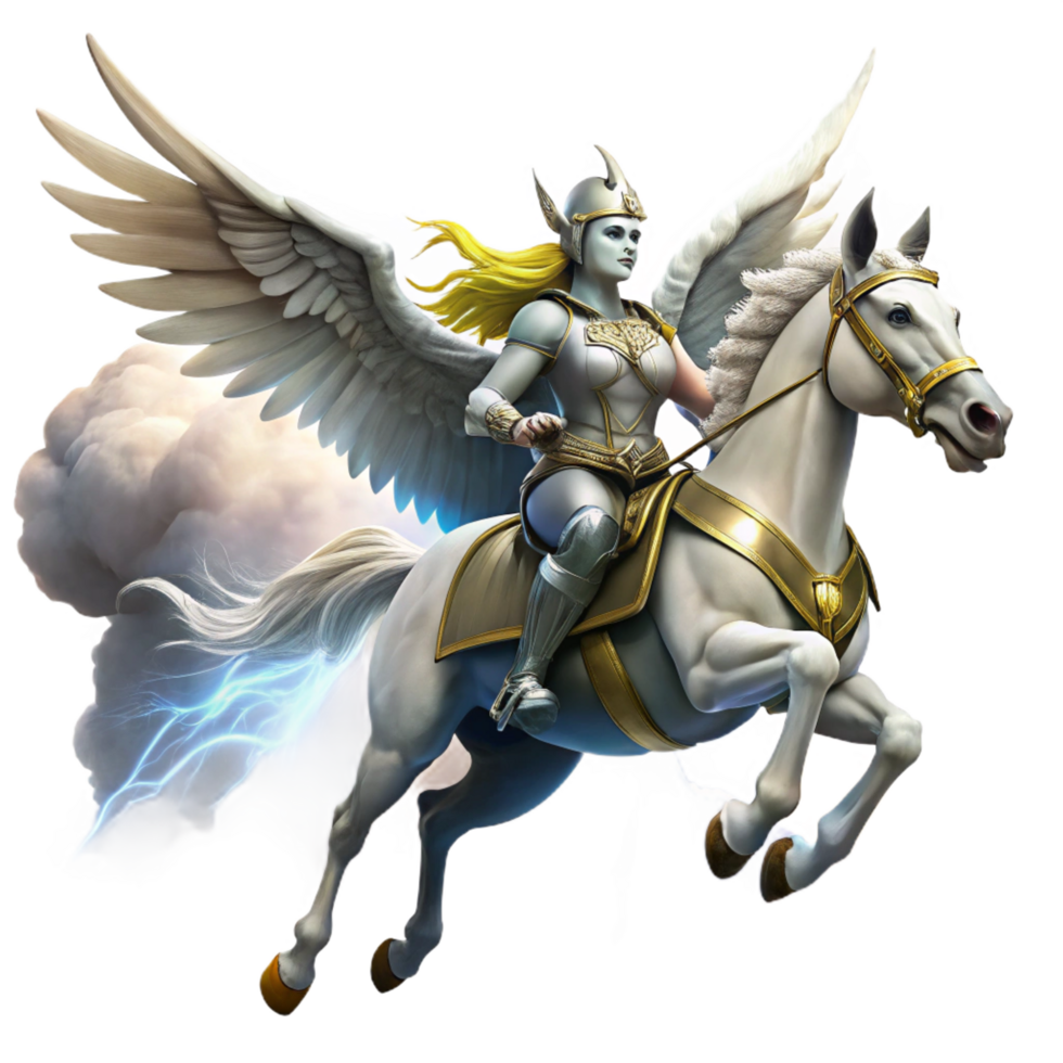 captivating remarkable A fierce valkyrie riding a winged horse through a stormy sky, dynamic lighting, Norse mythology style png