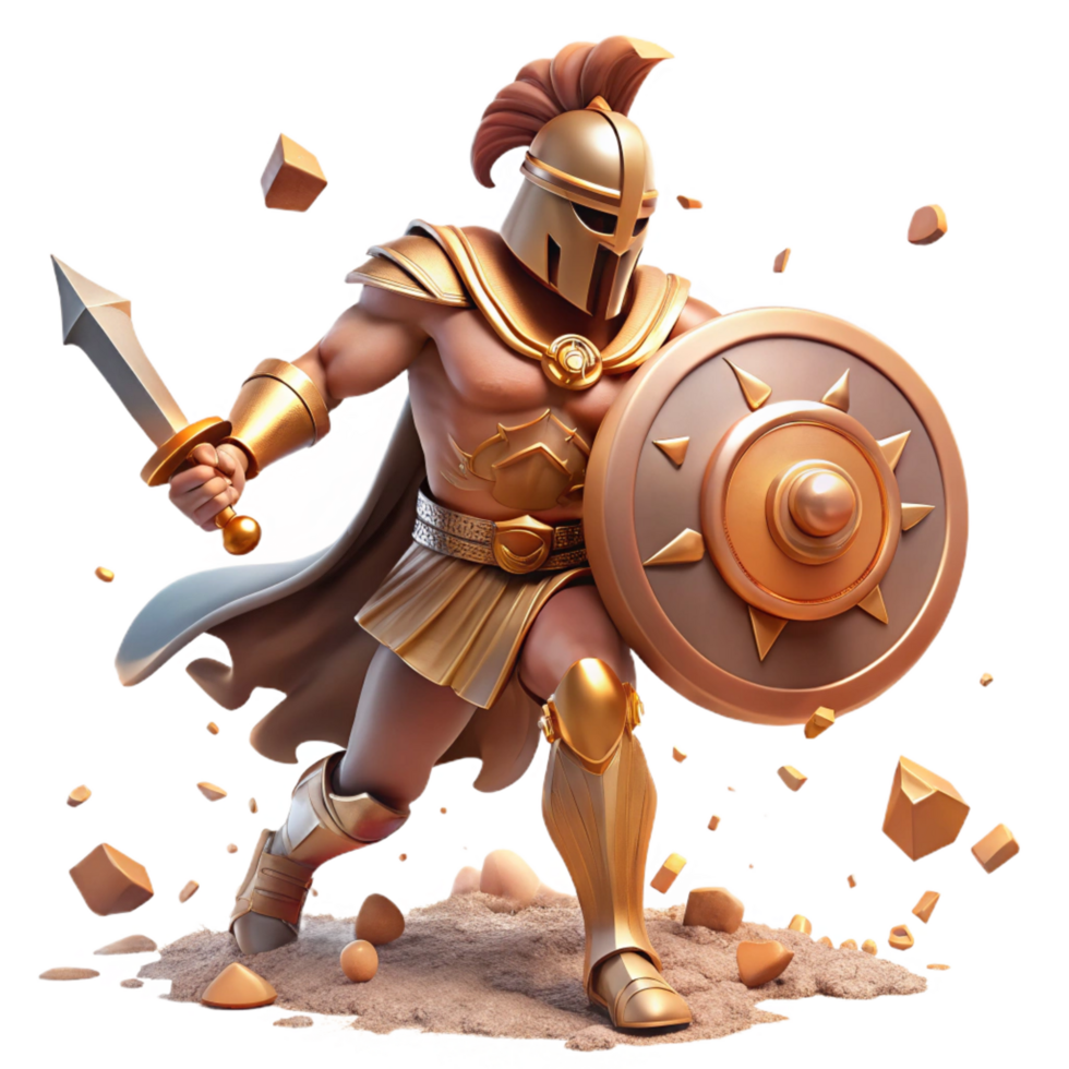 unparalleled impressionist A powerful Ares, the Greek god of war, clad in bronze armor, wielding a sword and shield, amidst a chaotic battlefield. Realism style authentic png