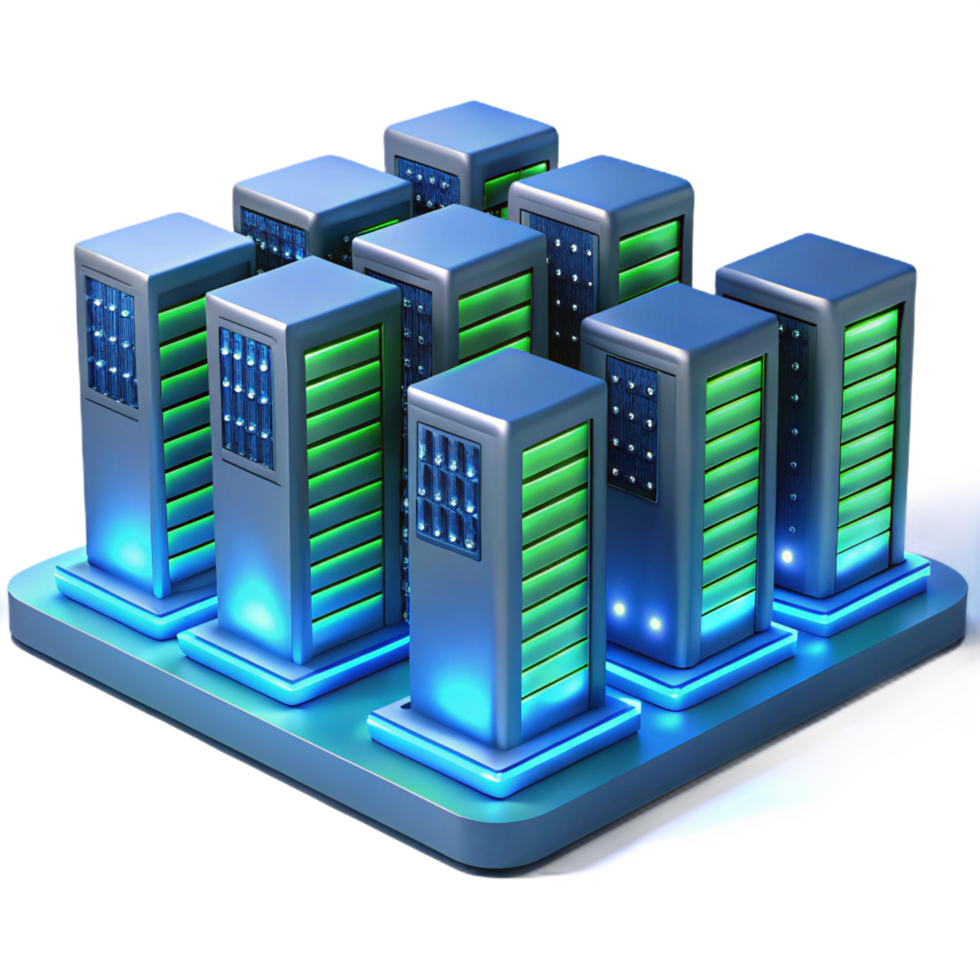 harmonious splendid A futuristic server room, endless rows of glowing servers, cool blue and green hues, perspective view, hyperrealistic style authentic png