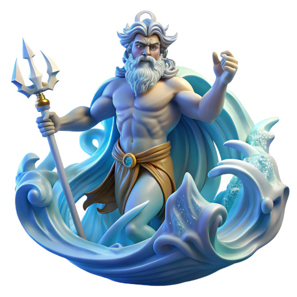 exquisite ethereal urban Poseidon, God of the Sea, rising from a tempestuous ocean, wielding his trident, surrounded by swirling water and lightning strikes. Dynamic lighting. Art Deco style original png