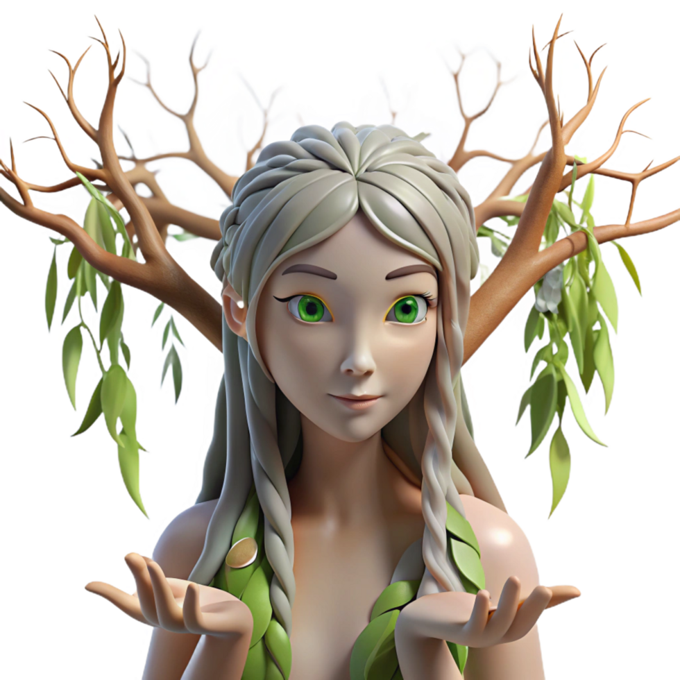 inspired abstract A serene dryad emerging from a willow tree, dappled sunlight, soft focus, pre Raphaelite style premium png