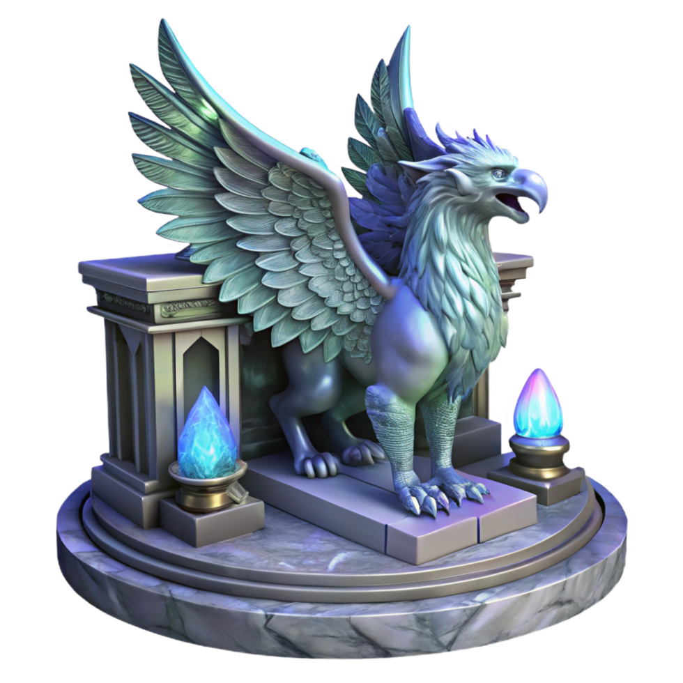 breathtaking reflective organic A majestic griffin with iridescent feathers, perched atop a crumbling marble altar, bathed in ethereal moonlight. Intricate, hyperrealistic style elite png