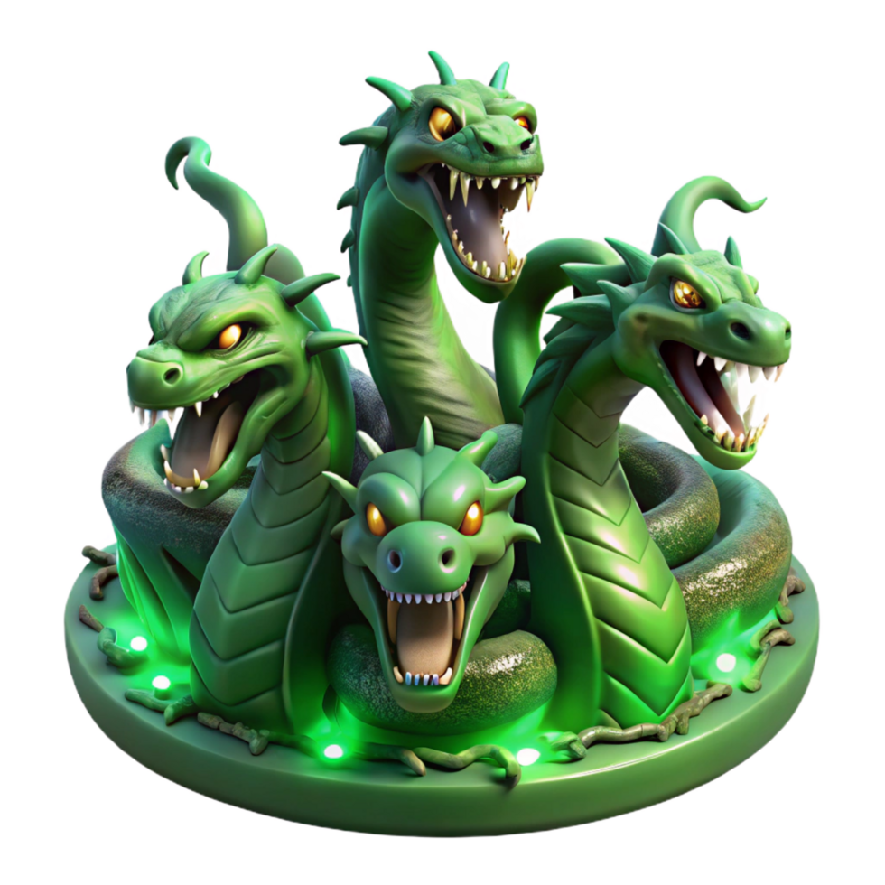 dazzling traditional A fearsome hydra, its multiple heads hissing, emerging from a dark swamp, lit by eerie green light. Fantasy art style expertly shot png