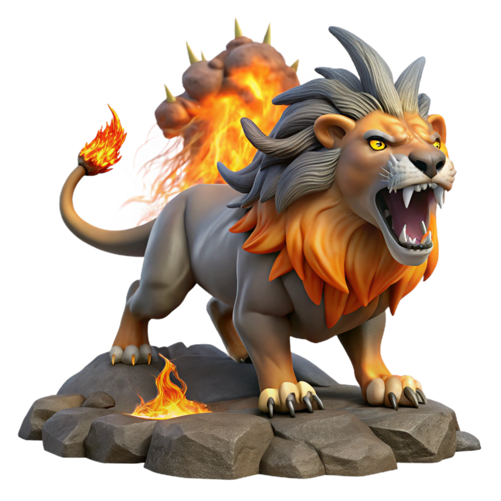 tranquil splendid A fearsome chimera breathing fire, its lion, goat, and serpent heads distinct, set against a backdrop of volcanic eruption. Fantasy art style expertly shot png