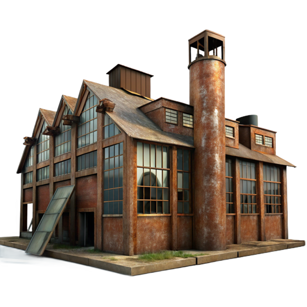 sought after mid century An abandoned industrial complex, rusty metal, broken windows, overcast lighting, precision png