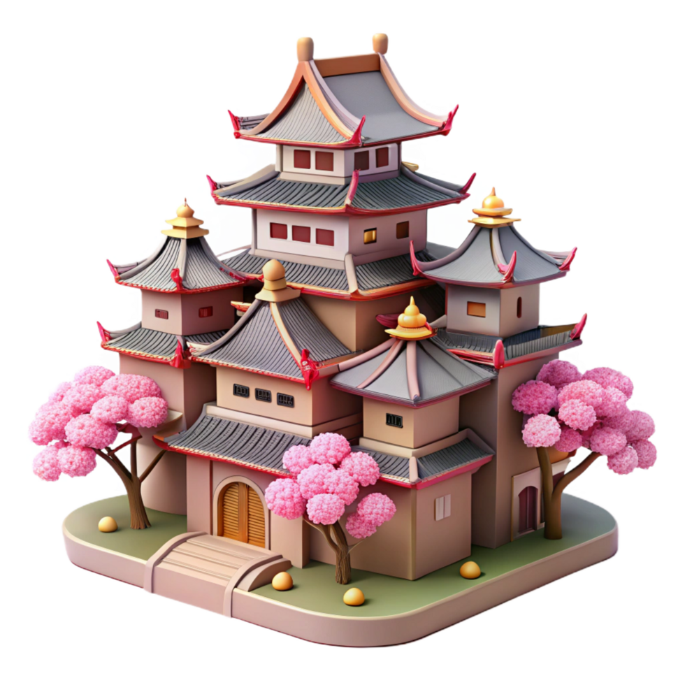 timeless traditional A traditional Japanese castle with cherry blossoms in bloom, soft spring light, anime style authentic png