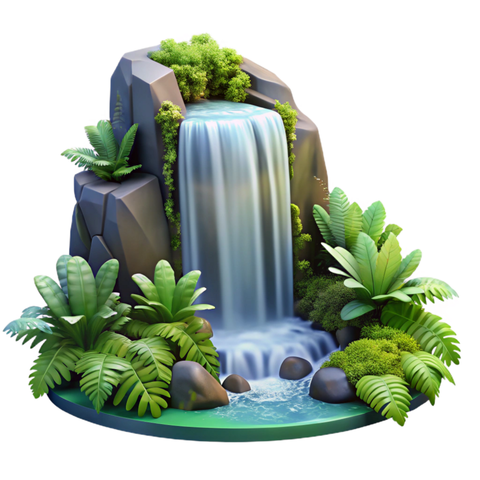coveted creative A cascading waterfall surrounded by lush green ferns, dappled sunlight, romantic style precision png