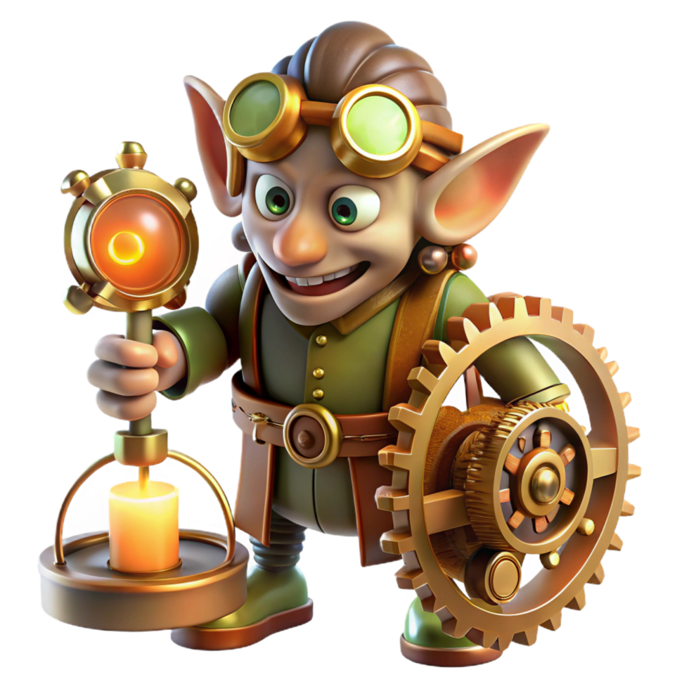 mesmerizing dreamy gothic A mischievous goblin tinkering with a complex clockwork contraption, surrounded by gears and springs. Warm, flickering candlelight, steampunk style masterfully captured png