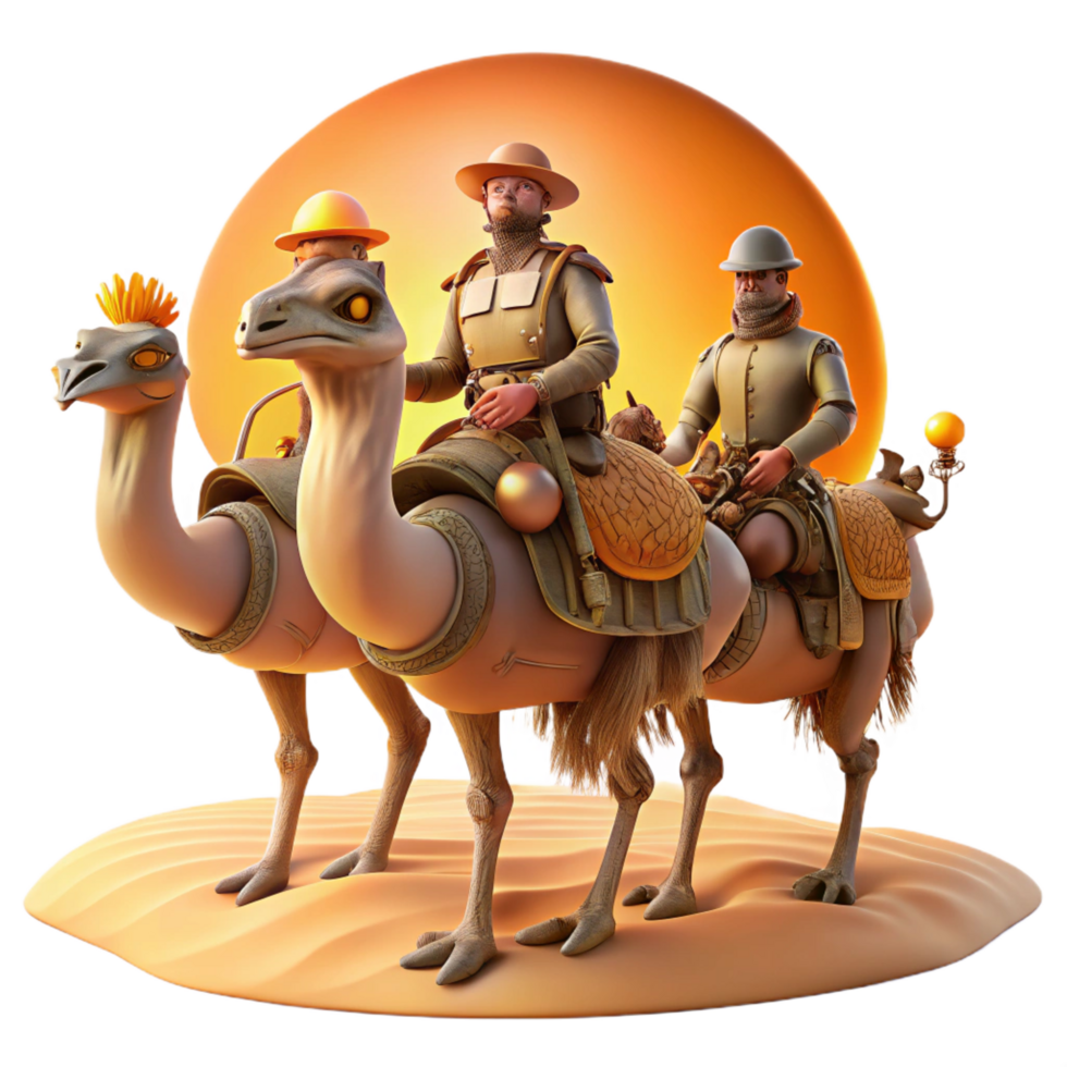 extraordinary bohemian A group of steampunk explorers, riding on mechanical ostriches, across a vast desert landscape. Bright, sunny lighting with a warm color palette sharp png