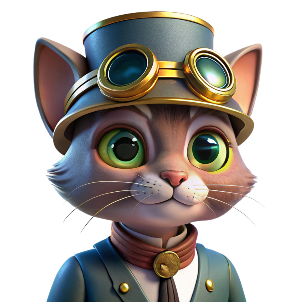 breathtaking playful avant garde A portrait of a steampunk cat wearing miniature goggles and a tiny brass top hat, illuminated by a soft, warm light. Warm lighting, whimsical style crisp png