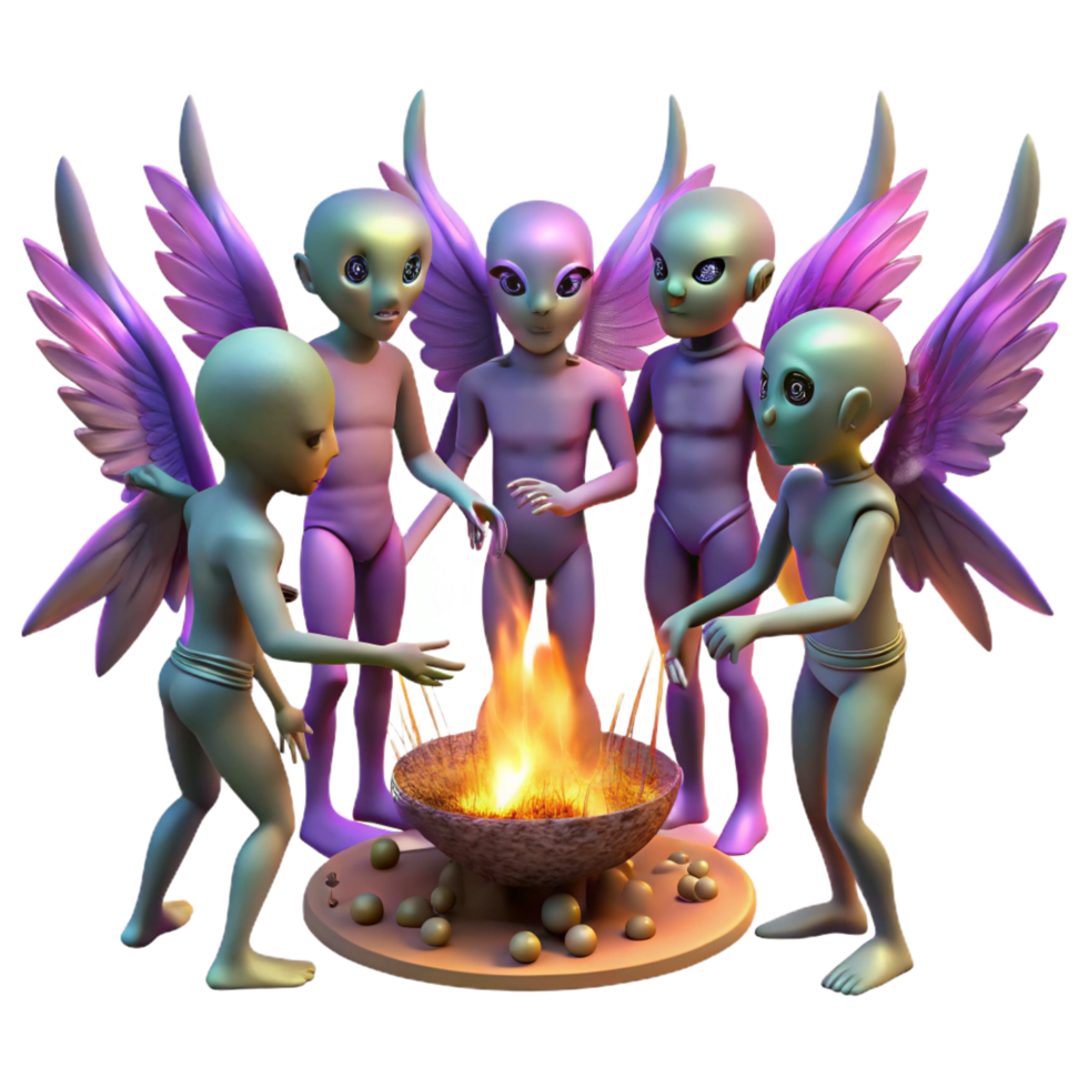 pristine geometric A group of humanoid aliens, with iridescent skin and feathered wings, gather around a bonfire beneath a sky filled with swirling constellations. Dreamlike, fantasy art style crisp png