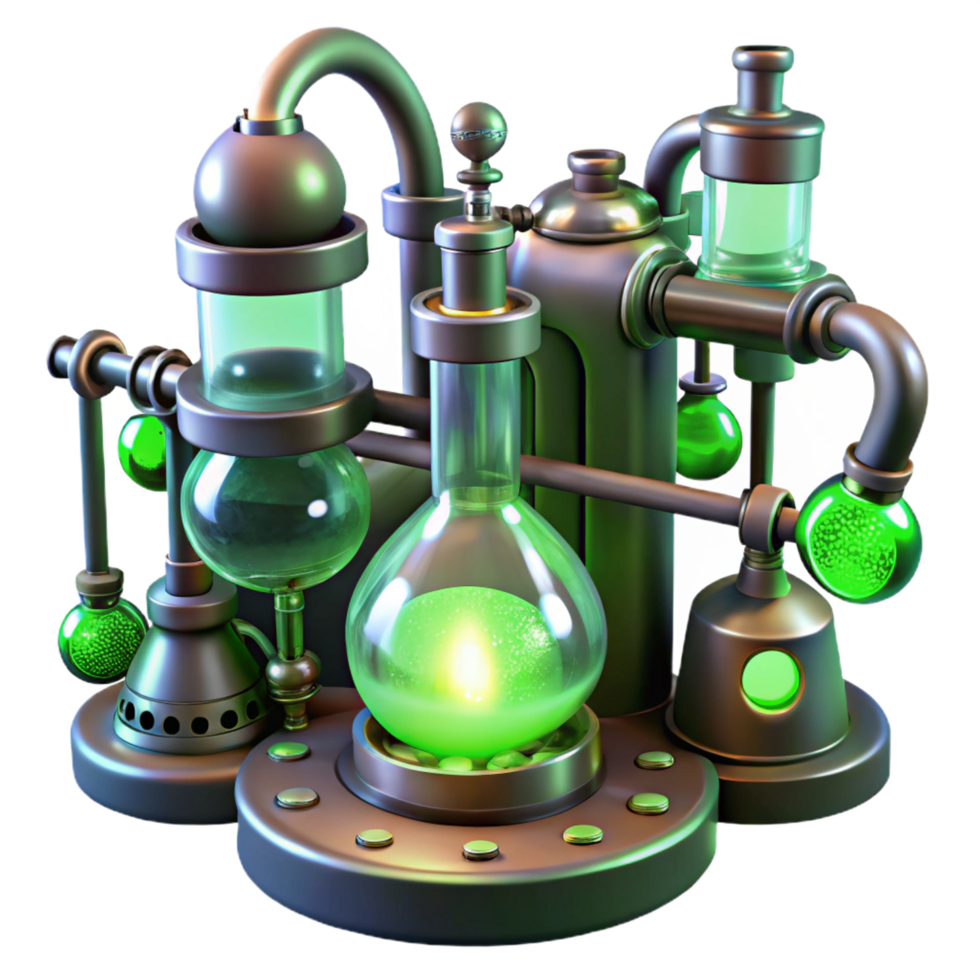 alluring organic A steampunk laboratory, filled with bubbling beakers, sparking wires, and strange contraptions, bathed in the eerie green light of chemical reactions high resolution png