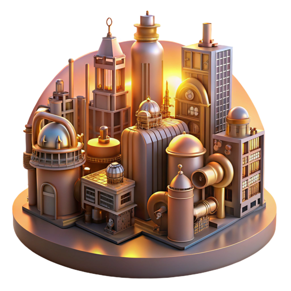 unforgettable baroque A steampunk city, with towering clockwork buildings and interconnected pipelines, bathed in the warm glow of sunset. Golden hour lighting. Art Deco style fine detail png