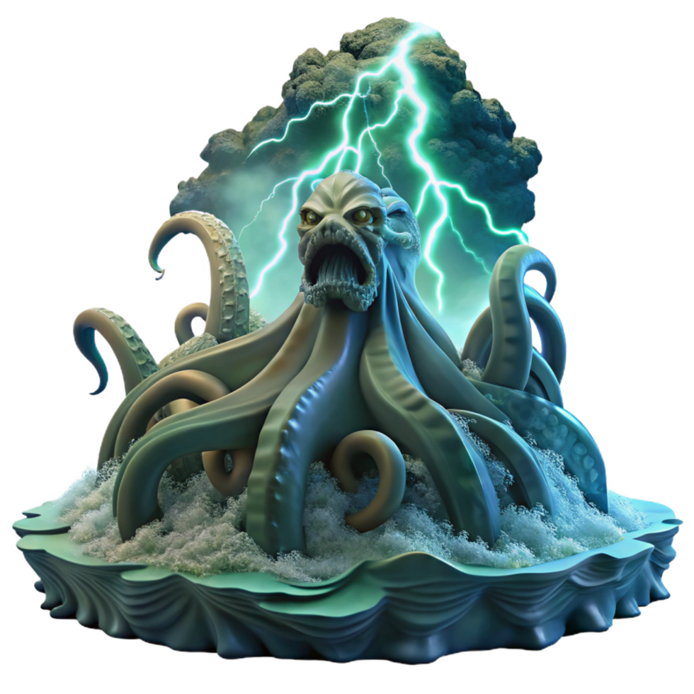 notable baroque A majestic kraken rising from the ocean, dramatic storm lighting, monstrous and epic style premium png