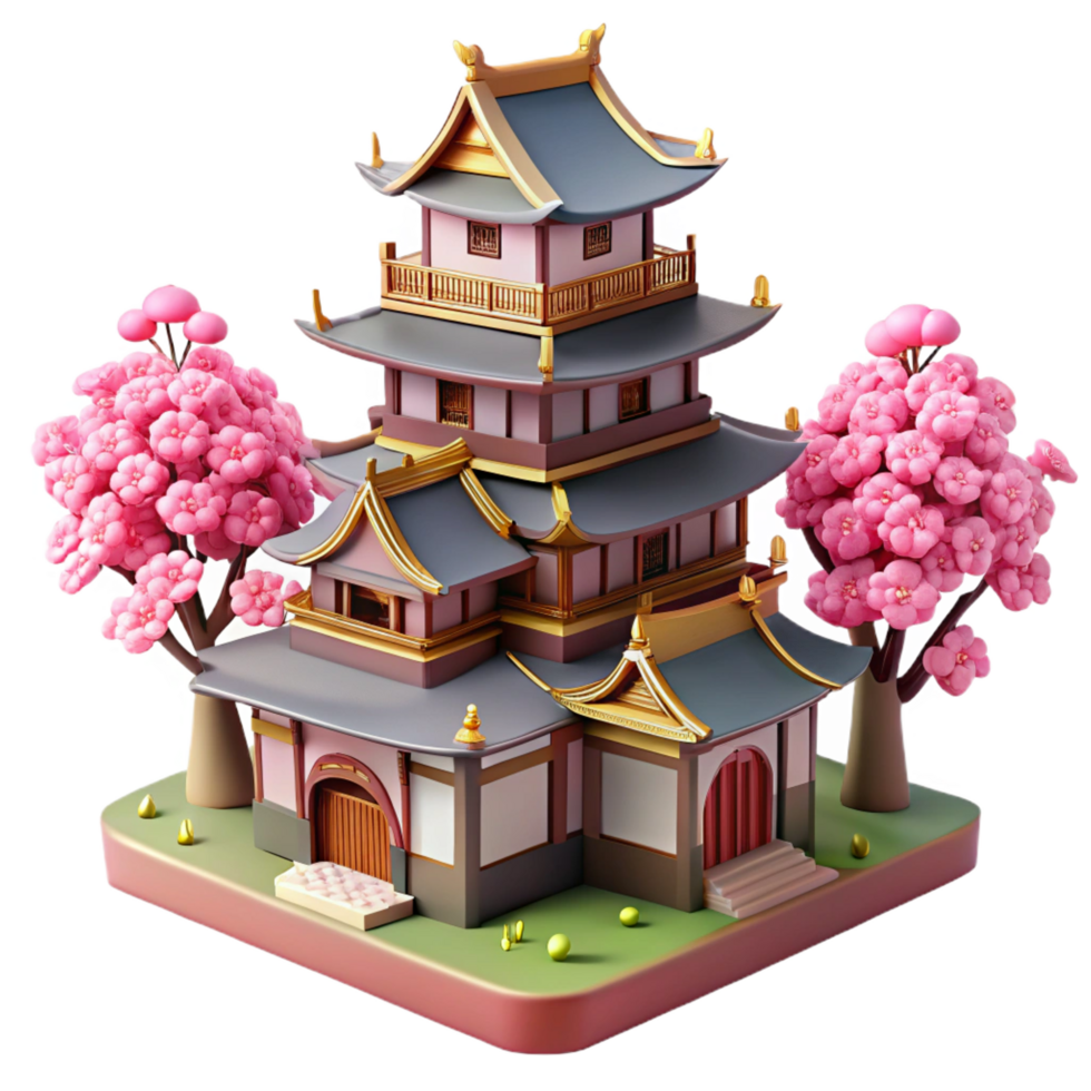 gorgeous notable A traditional Japanese castle with cherry blossoms in bloom, soft spring light, anime style png