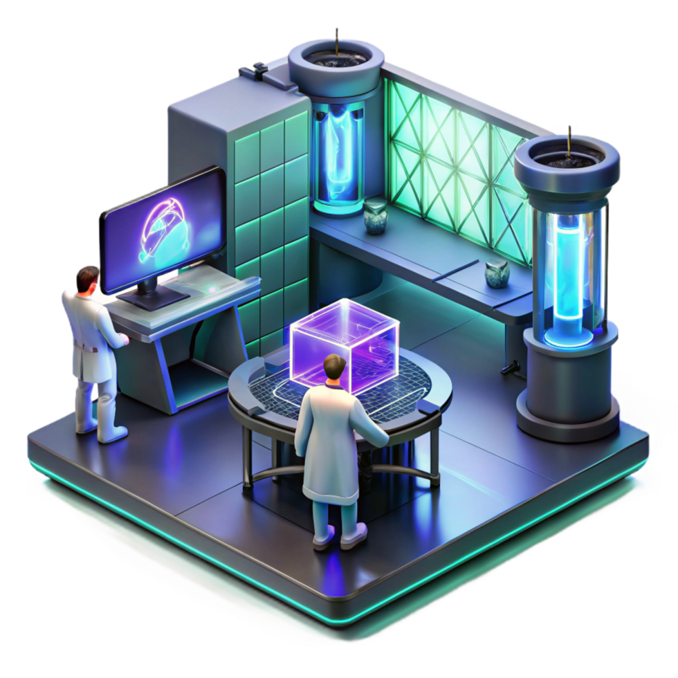 remarkable bohemian A futuristic lab filled with glowing screens and holographic projections, scientists working in the background, cyberpunk style, dramatic lighting fine detail png