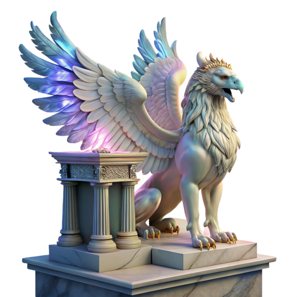 acclaimed baroque A majestic griffin with iridescent feathers, perched atop a crumbling marble altar, bathed in ethereal moonlight. Art Nouveau style expertly shot png