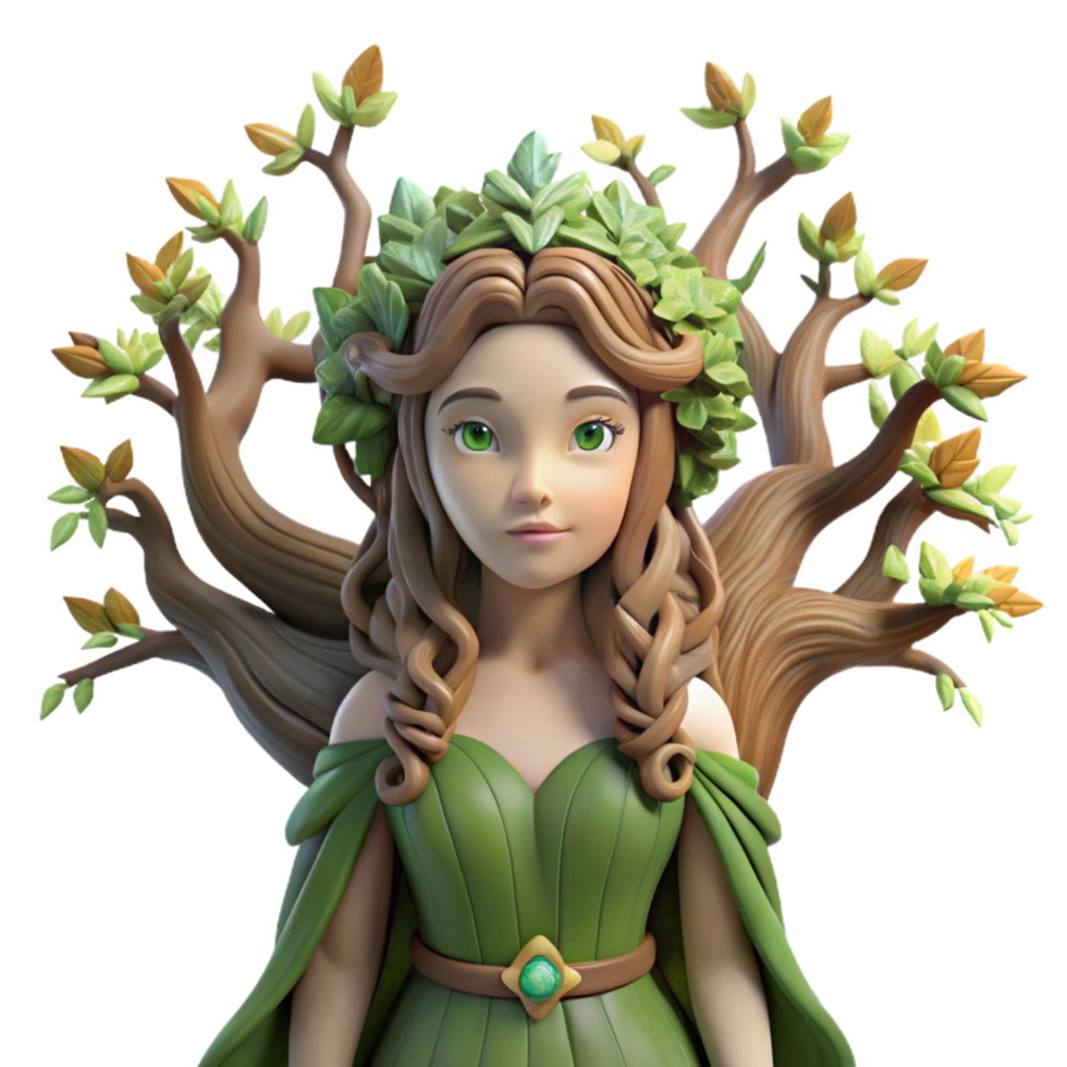 breathtaking renaissance A serene dryad emerging from an ancient oak tree, adorned with vines and blossoms, soft diffused lighting, pre Raphaelite style perfect clarity png