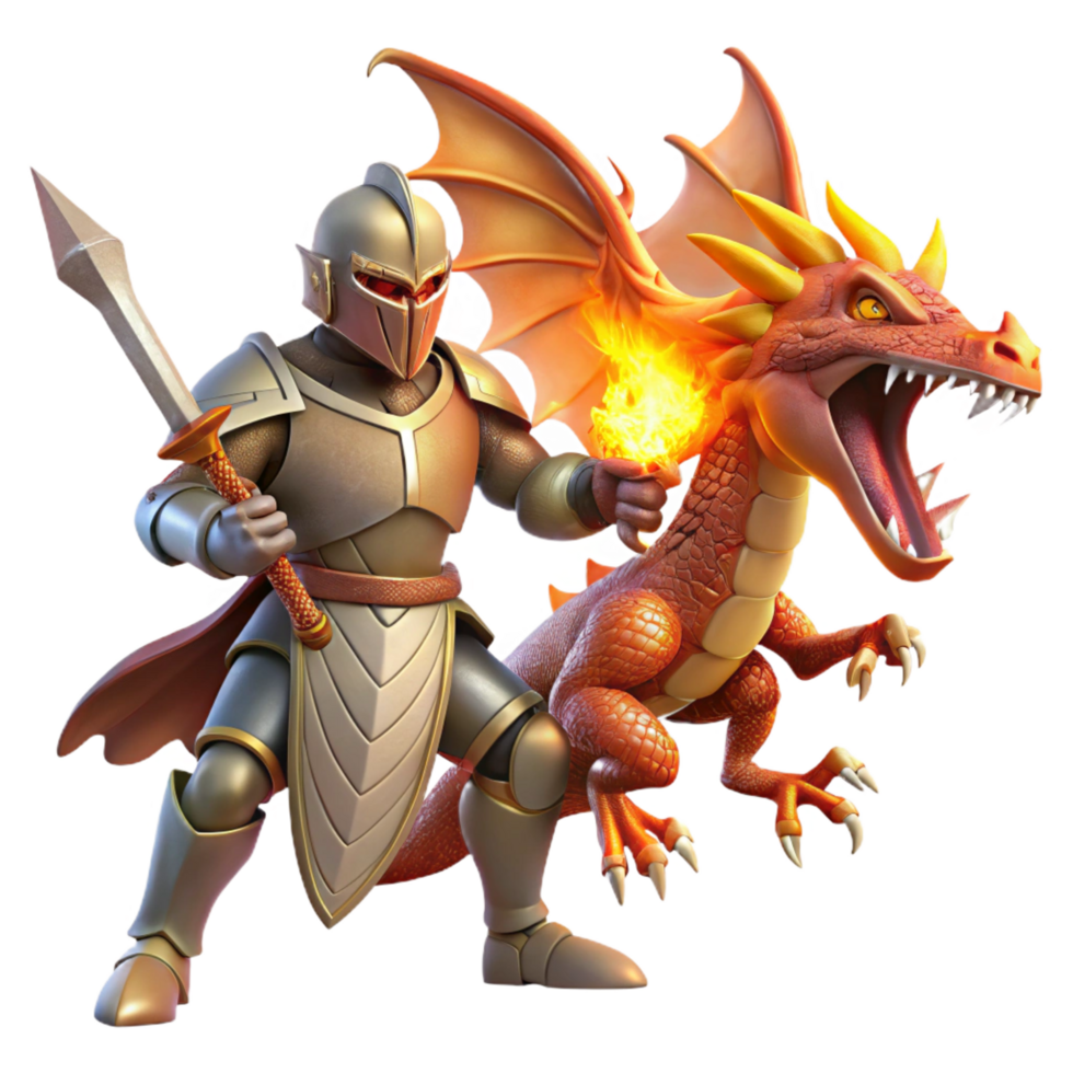 exemplary contemporary A brave knight battling a fearsome dragon, fiery lighting, heroic fantasy art style high quality png