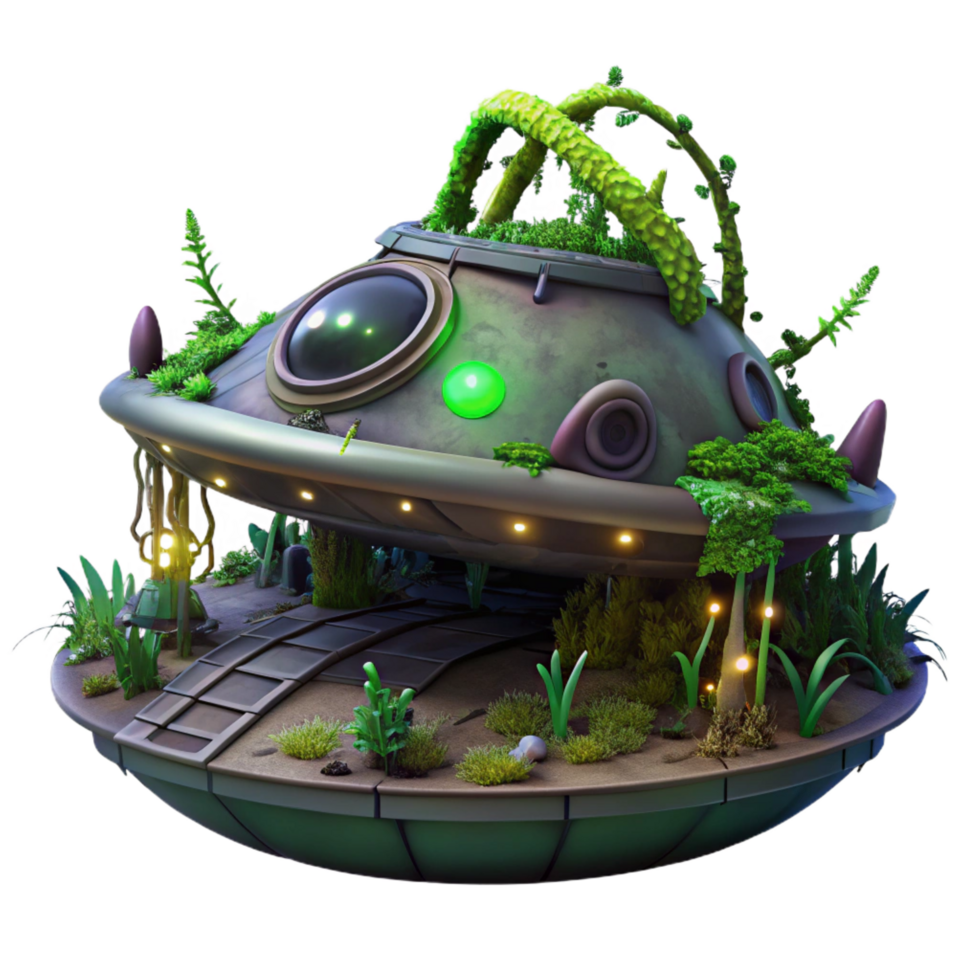enchanting minimalist A decaying, abandoned spaceship, overgrown with alien vines and bioluminescent fungi, rests on a desolate, alien planet. Dark fantasy style authentic png