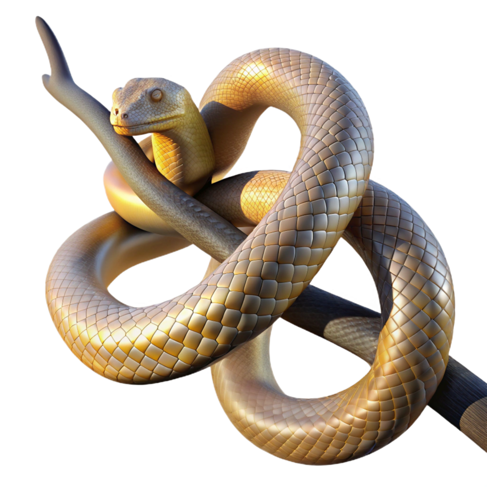 striking exceptional A slithering snake coiled around a branch in a rainforest, illuminated by dappled sunlight, rendered in a photorealistic style png