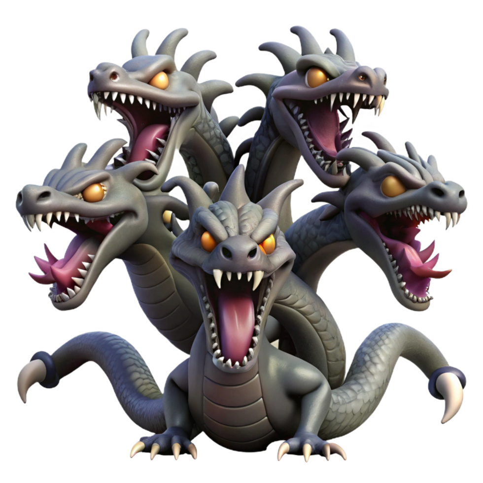 striking bold rustic A fearsome hydra with multiple heads regenerating, swampy environment, dark fantasy style, dimly lit impeccable png