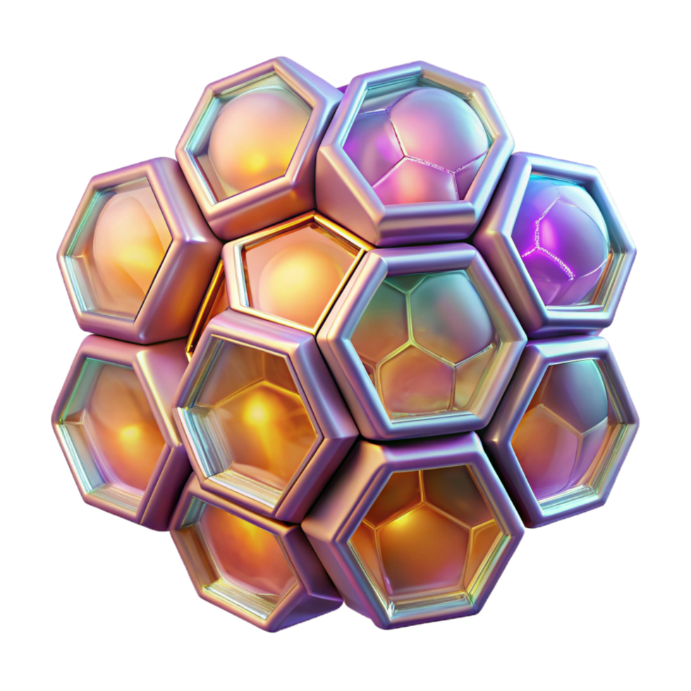 captivating notable A kaleidoscope of tessellated hexagons, shimmering with holographic textures, lit by a warm ambient glow, in a minimalist style png