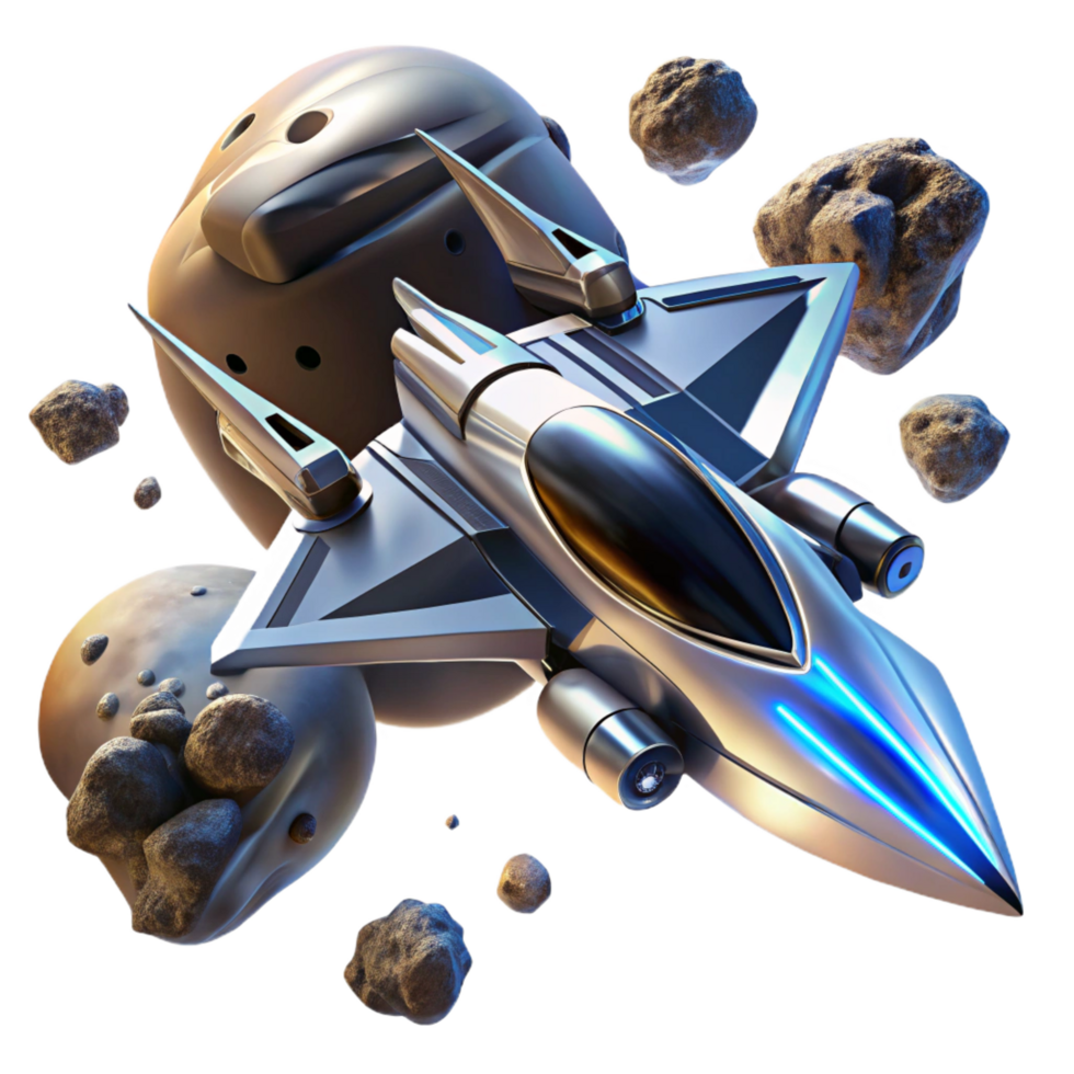 calm glorious A sleek, chrome spaceship races through an asteroid field, pursued by two smaller, faster fighters. Photorealistic style. Dramatic lighting premium png