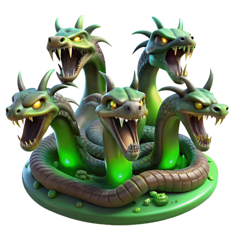 dramatic tropical A fearsome hydra, its multiple heads hissing, emerging from a dark swamp, lit by eerie green light. Fantasy art style studio quality png