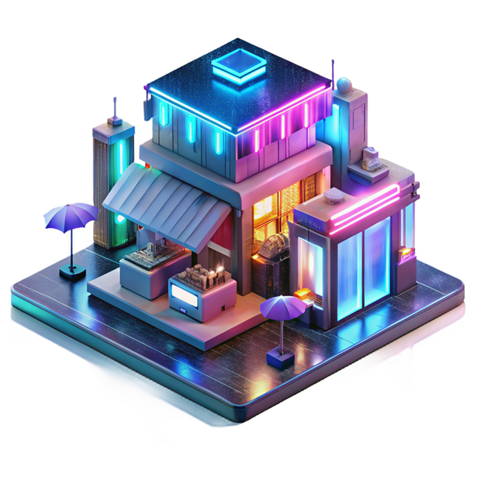 peaceful gorgeous A bustling cyberpunk marketplace, neon signs illuminating holographic advertisements, rain slicked streets reflecting the vibrant lights, gritty, realistic style exclusive png