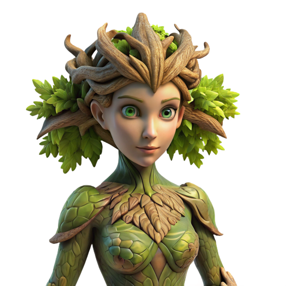extraordinary industrial A graceful dryad emerging from an ancient oak tree, her skin made of bark and moss, sunlight dappling through the leaves, Pre Raphaelite style, original png