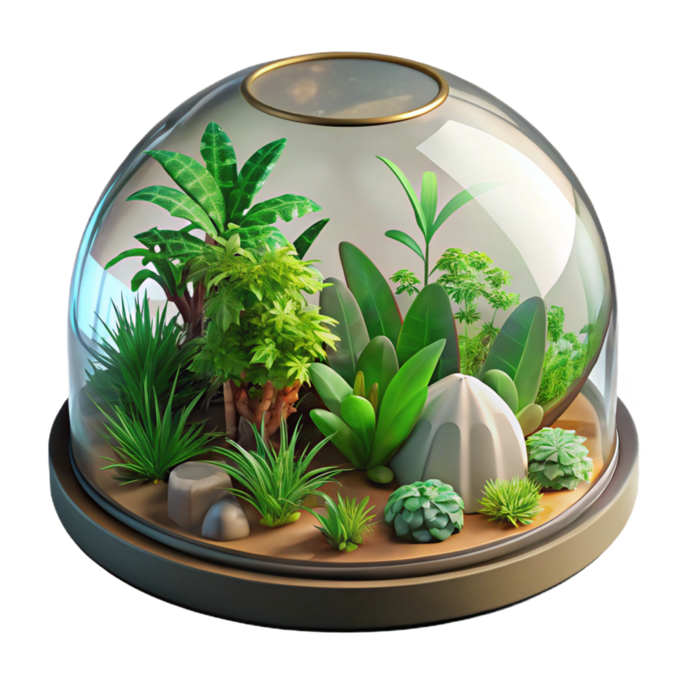 joyful majestic A glass dome biosphere filled with lush tropical plants, bright sunlight, botanical illustration style handcrafted png