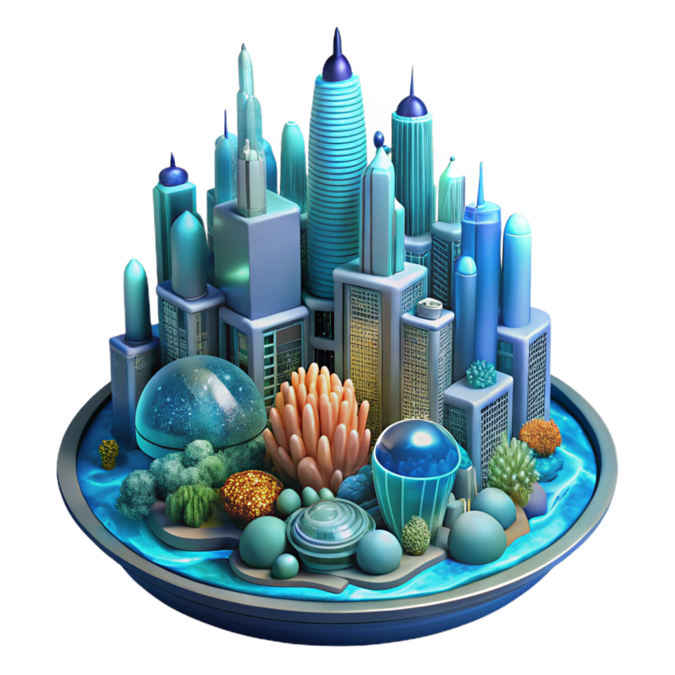 notable coastal A futuristic, underwater city, bioluminescent coral reefs surrounding towering skyscrapers. Art Nouveau style. Ethereal lighting 8K png