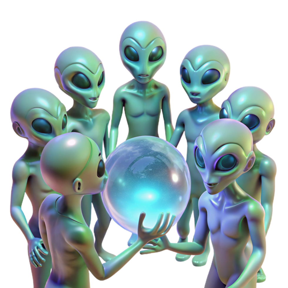 romantic hypnotic A group of alien creatures, with iridescent skin, gathered around a glowing orb, bathed in its ethereal light. Mystical lighting, fantasy style studio quality png