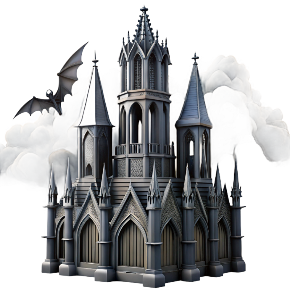 picturesque ethereal coastal A towering gothic skyscraper, gargoyles and intricate carvings, dark and stormy sky, gothic horror, premium png