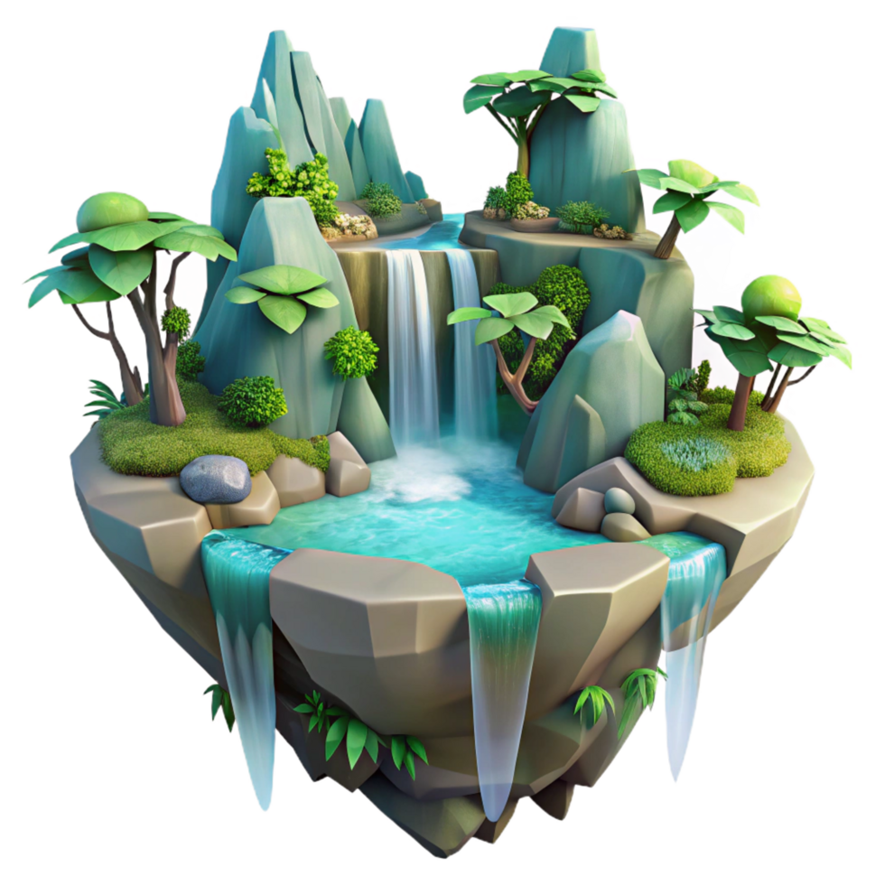 joyful dramatic A floating island with cascading waterfalls and lush vegetation, fantasy setting, soft lighting, flawless png