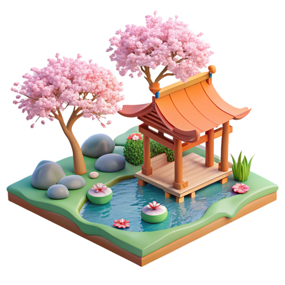 striking remarkable A serene Japanese garden with a koi pond and cherry blossoms, tranquil style, soft diffused light png