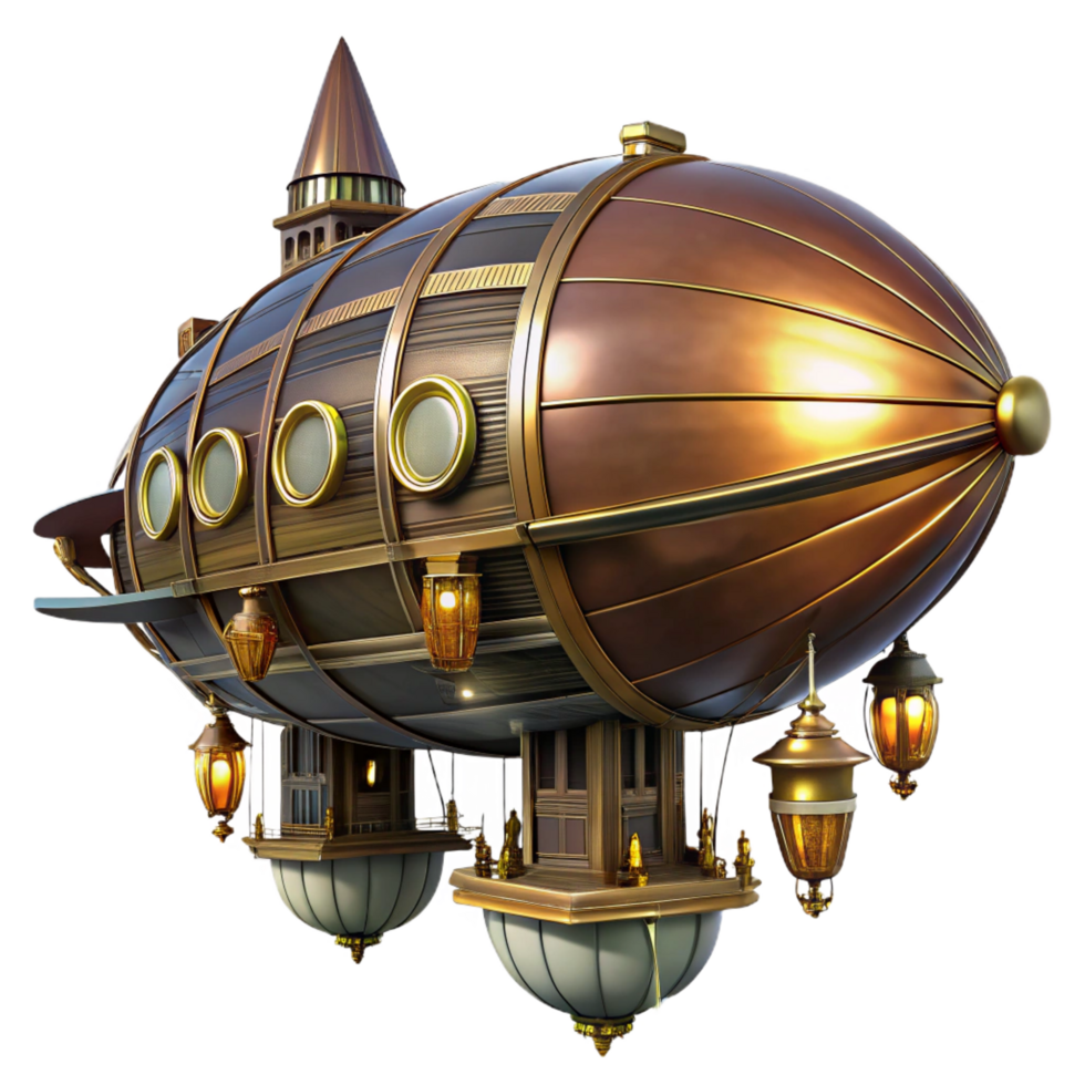 coveted gothic A majestic steampunk airship, crafted from polished brass and dark wood, hovering over a bustling cityscape. Gears spin visibly, illuminated by flickering gaslight. Art Deco style 4K png