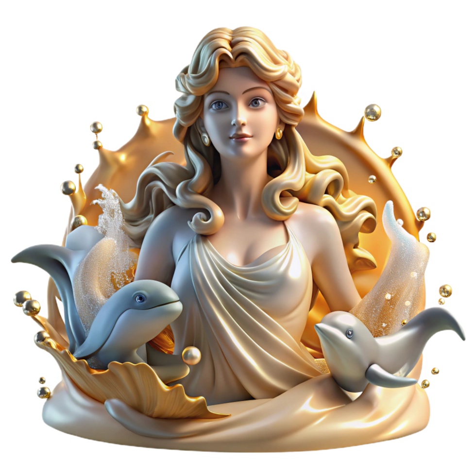 dazzling art deco A beautiful Aphrodite emerging from the sea foam, surrounded by dolphins, golden hour lighting. Neoclassical style sharp png