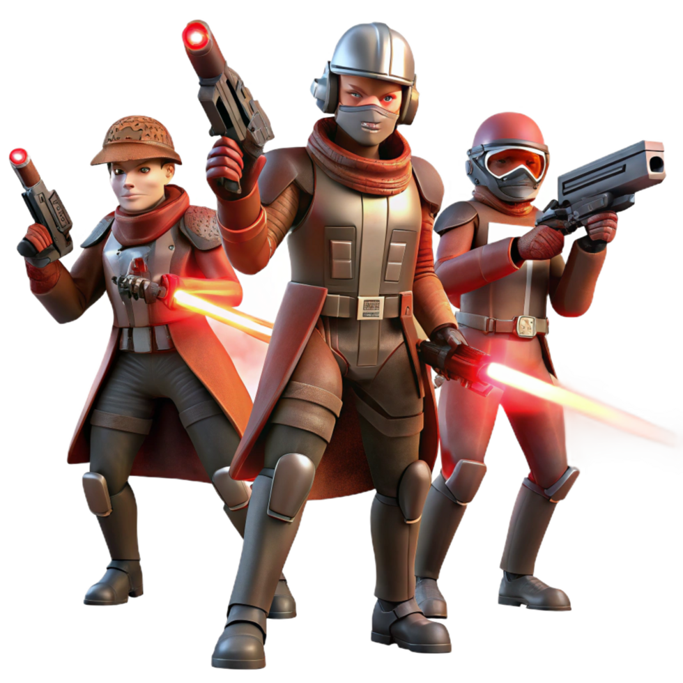 vibrant celebrated A group of space pirates in ragged clothing, brandishing laser pistols, aboard a derelict spaceship, lit by the flickering, red light of emergency alarms. Gritty, realistic style png