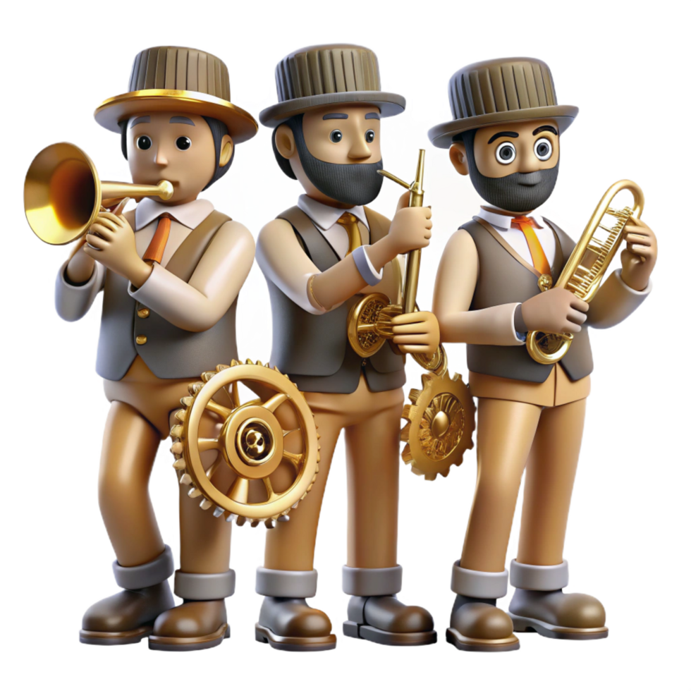 pristine artistic A group of steampunk musicians, playing brass instruments adorned with gears, in a dimly lit tavern, warm lighting, jazz age style impeccable png