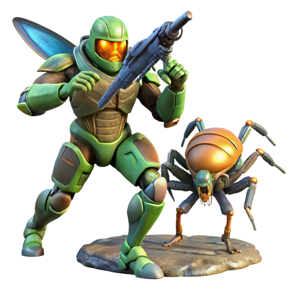 radiant traditional A futuristic soldier in power armor, battling a giant alien insect, dynamic pose, dramatic lighting, comic book style, 4K png