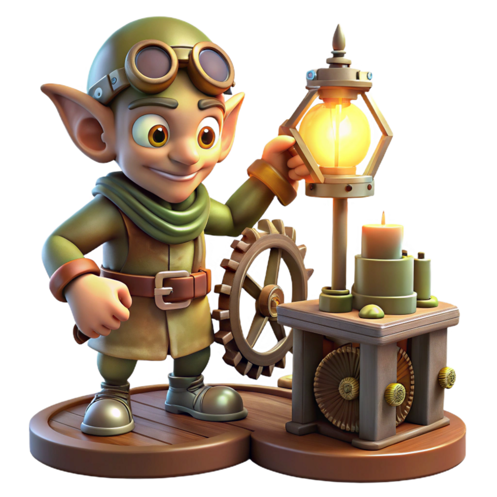 dynamic elegant A mischievous goblin tinkering with gears and gadgets in a dimly lit workshop, illuminated by the flickering light of a single oil lamp. Steampunk style artisan png