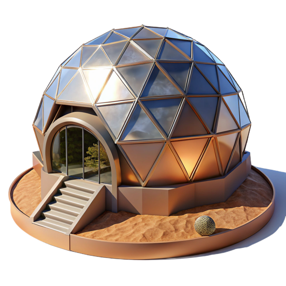 bold spectacular A geodesic dome house, futuristic design, surrounded by a desert landscape, harsh sunlight flawless png