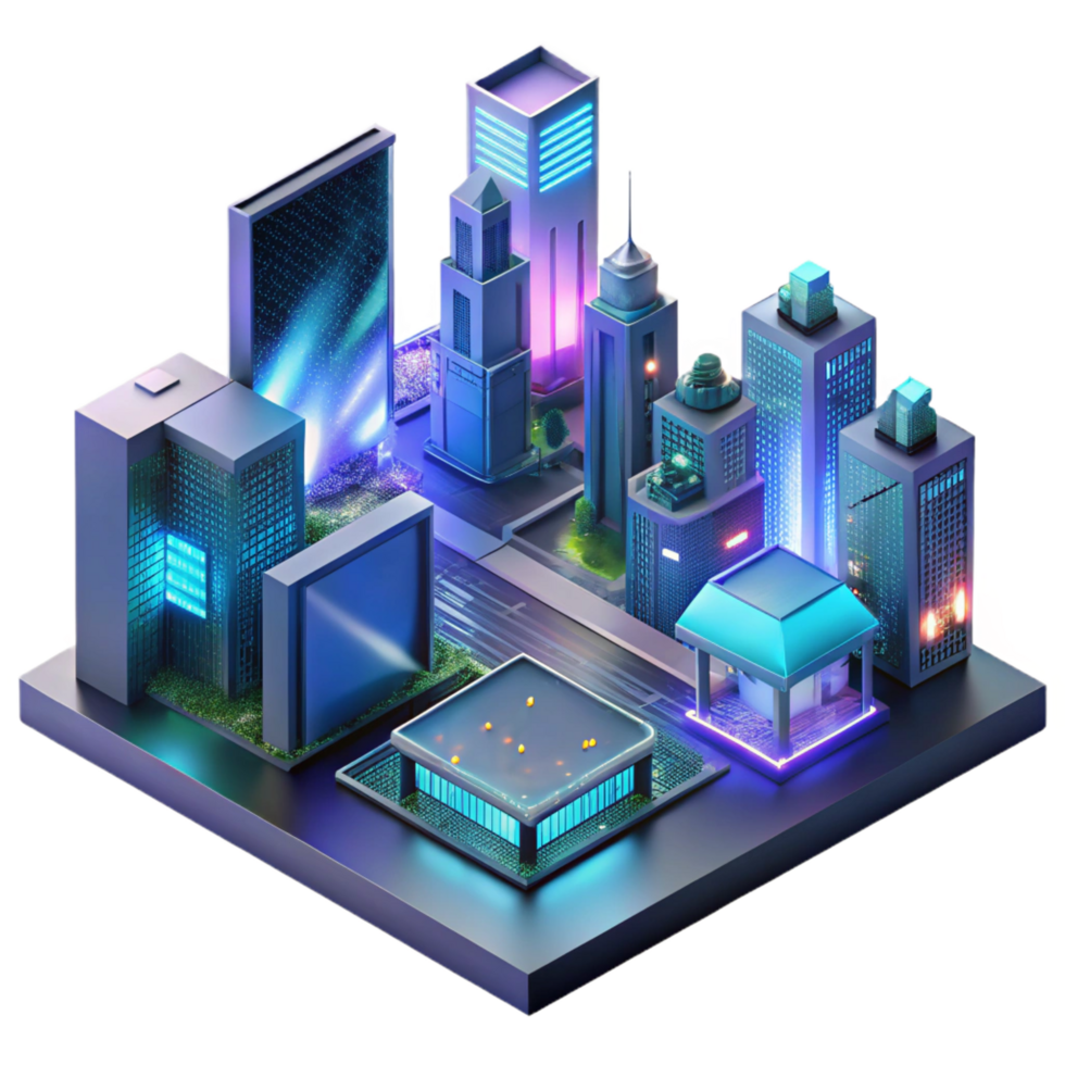 exquisite minimalist A futuristic cityscape at night, towering holographic advertisements shimmering in the rain slicked streets, viewed from a high angle, cinematic lighting, dystopian style 4K png