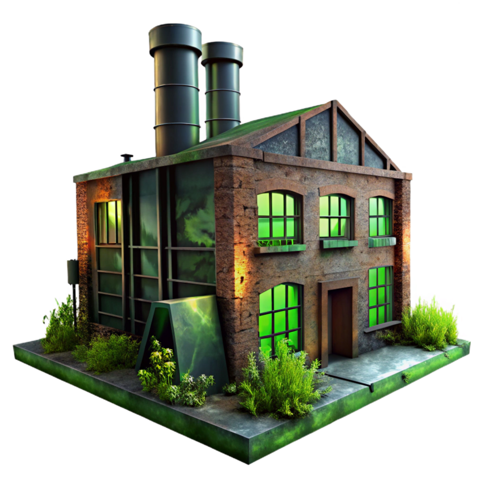 impressive remarkable An abandoned factory with broken windows, rusted metal, overgrown with weeds, eerie green light png