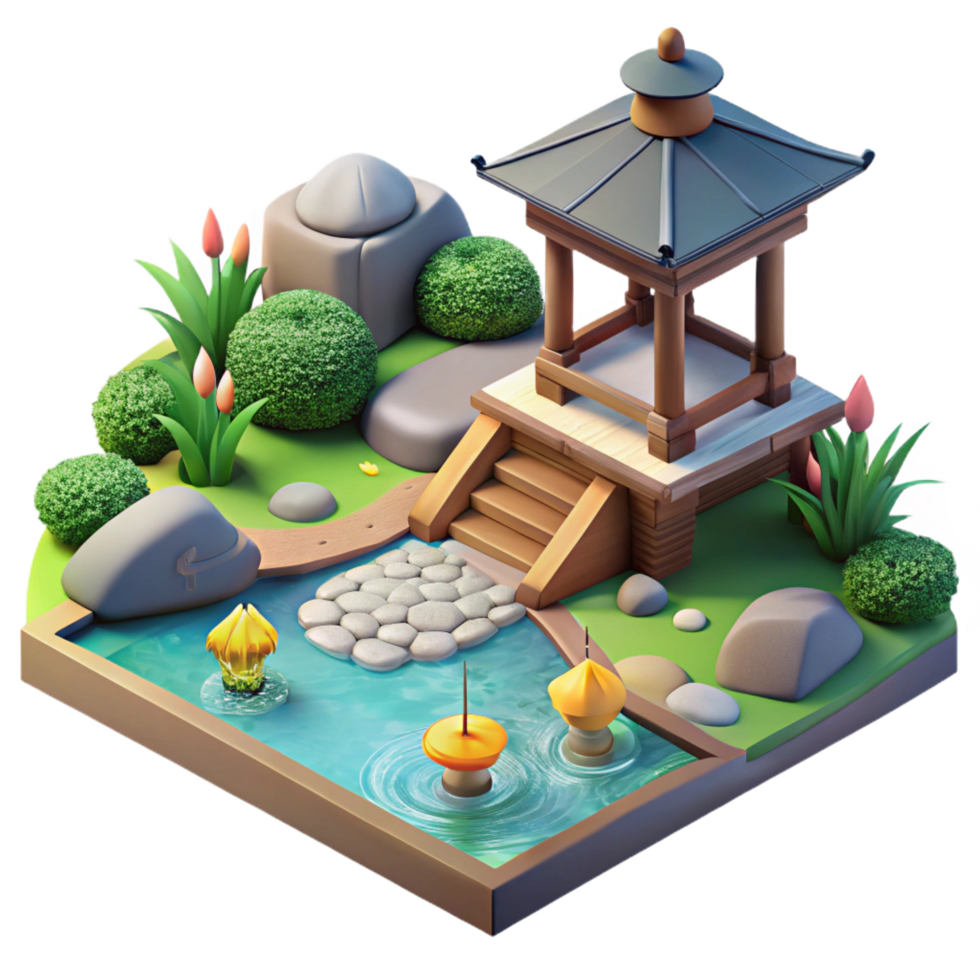 signature futuristic A traditional Japanese garden with a stone path and koi pond, serene and peaceful atmosphere, soft lighting 4K png