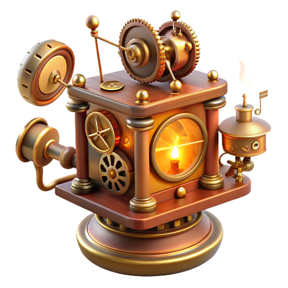 dreamy alluring A close up of a steampunk music box, playing a haunting melody, with intricate gears and tiny dancing figures, lit by a warm, flickering candlelight luxury png